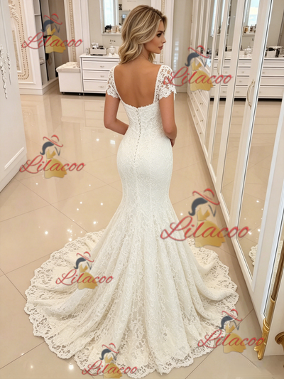 White Mermaid Lace Short Sleeve Wedding Dress