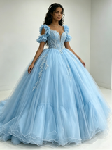 Blue Tulle Appliques Quinceanera Dress