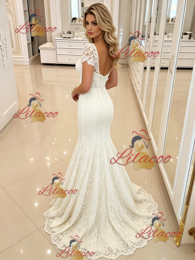 White Mermaid Lace Short Sleeve Wedding Dress