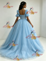 Blue Tulle Appliques Quinceanera Dress