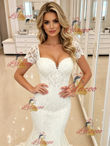 White Mermaid Lace Short Sleeve Wedding Dress