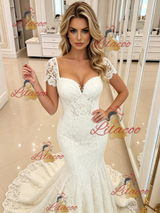 White Mermaid Lace Short Sleeve Wedding Dress