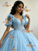 Blue Tulle Appliques Quinceanera Dress