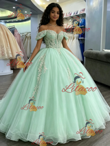 Green Tulle Off the Shoulder Appliques Quinceanera Dress