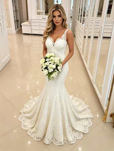 White Mermaid Lace Straps Wedding Dress