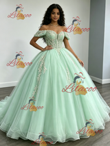 Green Tulle Off the Shoulder Appliques Quinceanera Dress
