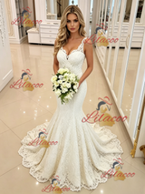 White Mermaid Lace Straps Wedding Dress