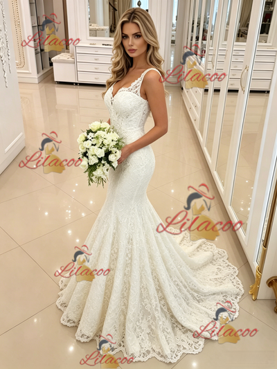 White Mermaid Lace Straps Wedding Dress