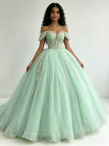 Green Tulle Off the Shoulder Appliques Quinceanera Dress