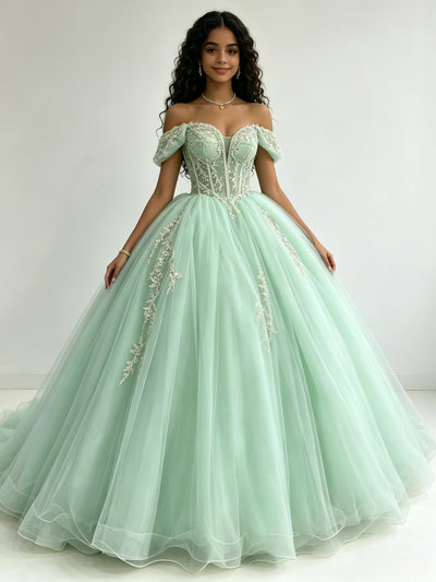 Green Tulle Off the Shoulder Appliques Quinceanera Dress