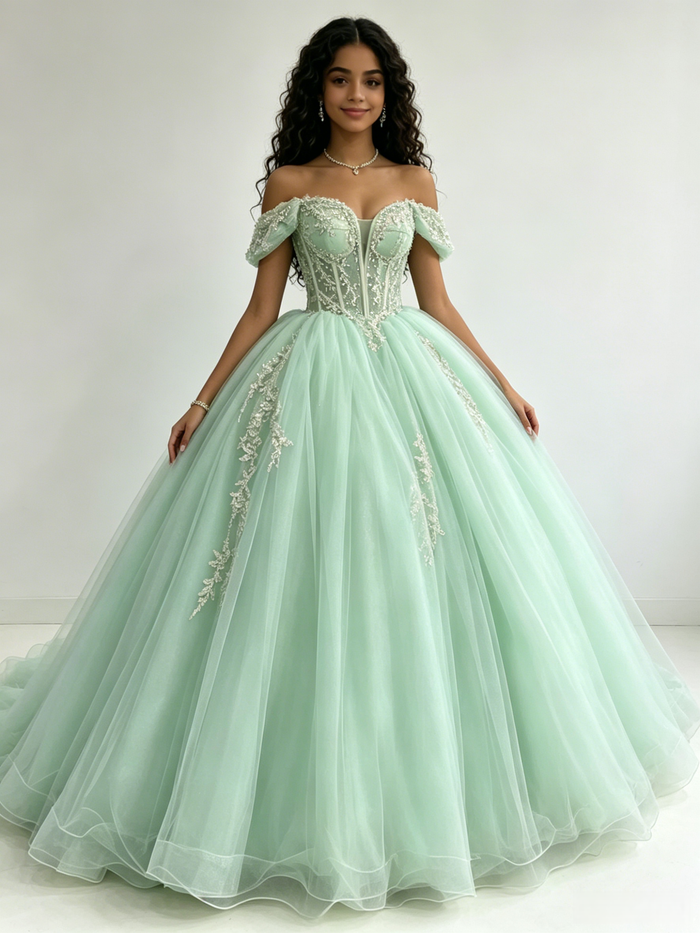 Green Tulle Off the Shoulder Appliques Quinceanera Dress