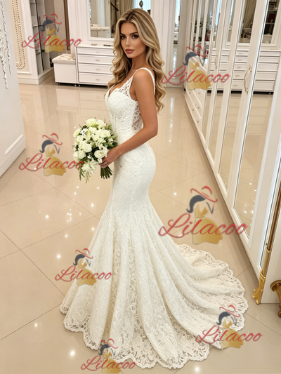 White Mermaid Lace Straps Wedding Dress