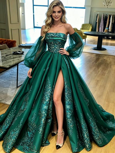 Green Satin Long Sleeve Prom Dress