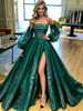 Green Satin Long Sleeve Prom Dress