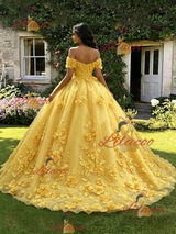 Yellow Tulle Off the Shoulder 3D Appliques Quinceanera Dress