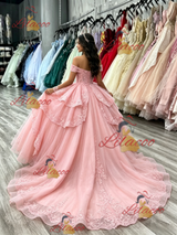 Pink Tulle Off the Shoulder Appliques Quinceanera Dress