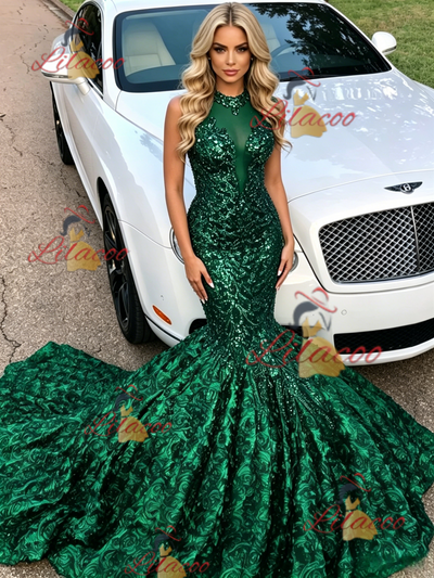 Green Mermaid Sequins Halter Prom Dress