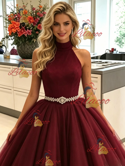 Bugundy Tuller Halter Prom Dress