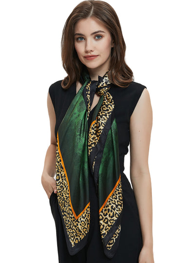 Green Chiffon Leopard Print Square Scarf