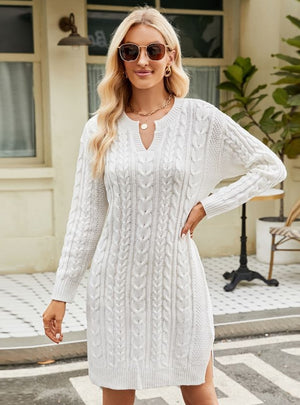 Long Solid Color Split Loose Twisted Sweater Dress