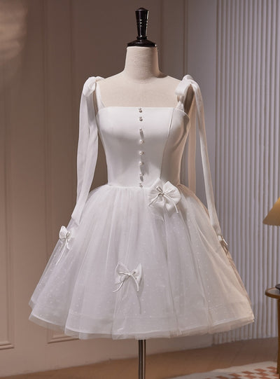 White Tulle Pearls Bow Homecoming Dress