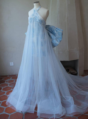 Blue Tulle Halter Bow Prom Dress
