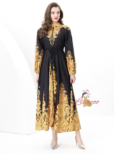 Printed Puff Sleeve Button Long Dress