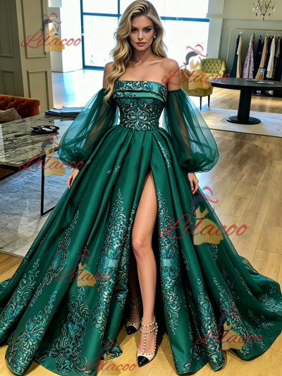 Green Satin Long Sleeve Prom Dress