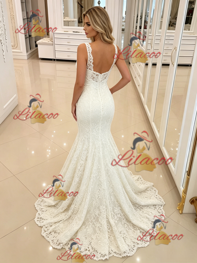 White Mermaid Lace Straps Wedding Dress