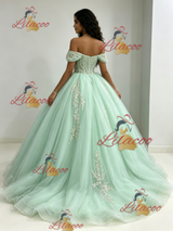 Green Tulle Off the Shoulder Appliques Quinceanera Dress