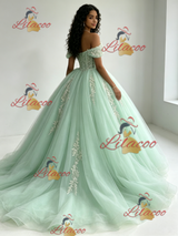 Green Tulle Off the Shoulder Appliques Quinceanera Dress