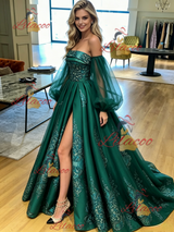 Green Satin Long Sleeve Prom Dress