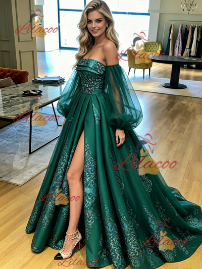Green Satin Long Sleeve Prom Dress