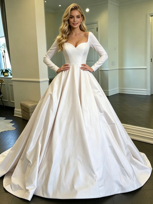 White Satin Long Sleeve Square Neck Wedding Dress