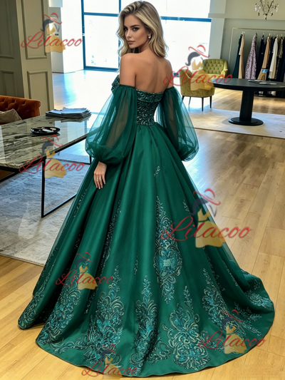 Green Satin Long Sleeve Prom Dress