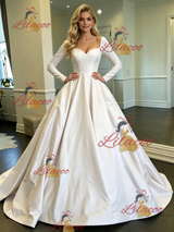 White Satin Long Sleeve Square Neck Wedding Dress