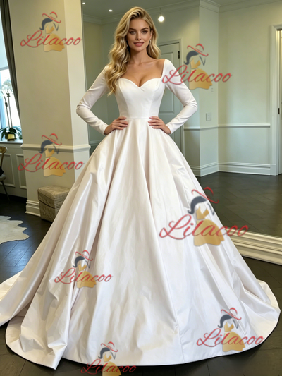 White Satin Long Sleeve Square Neck Wedding Dress
