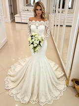 White Mermaid Long Sleeve Off the Shoulder Wedding Dress
