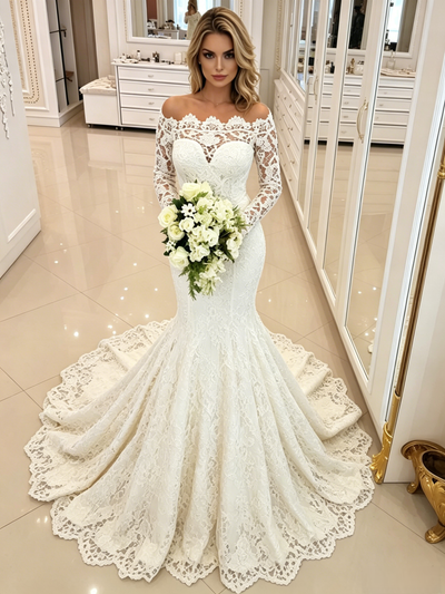 White Mermaid Long Sleeve Off the Shoulder Wedding Dress