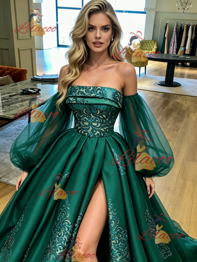 Green Satin Long Sleeve Prom Dress