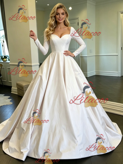 White Satin Long Sleeve Square Neck Wedding Dress
