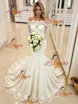 White Mermaid Long Sleeve Off the Shoulder Wedding Dress