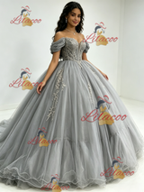 Gray Tulle Off the Shoulder Appliques Quinceanera Dress