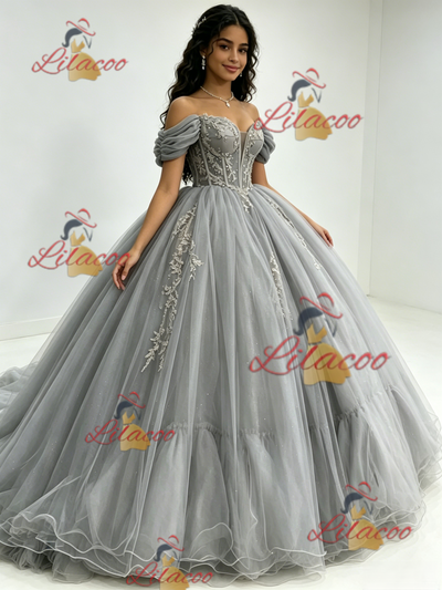 Gray Tulle Off the Shoulder Appliques Quinceanera Dress