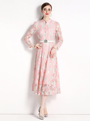 Pink Lace Long Sleeve Party Dress