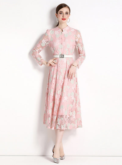 Pink Lace Long Sleeve Party Dress