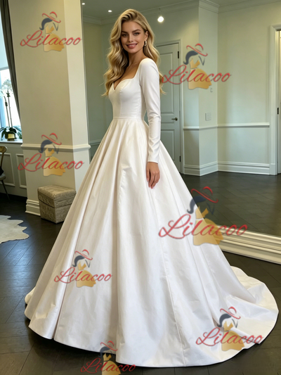 White Satin Long Sleeve Square Neck Wedding Dress