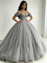 Gray Tulle Off the Shoulder Appliques Quinceanera Dress