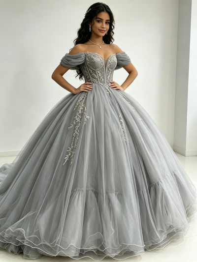 Gray Tulle Off the Shoulder Appliques Quinceanera Dress