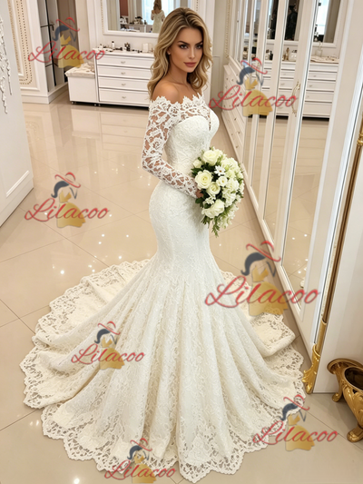 White Mermaid Long Sleeve Off the Shoulder Wedding Dress